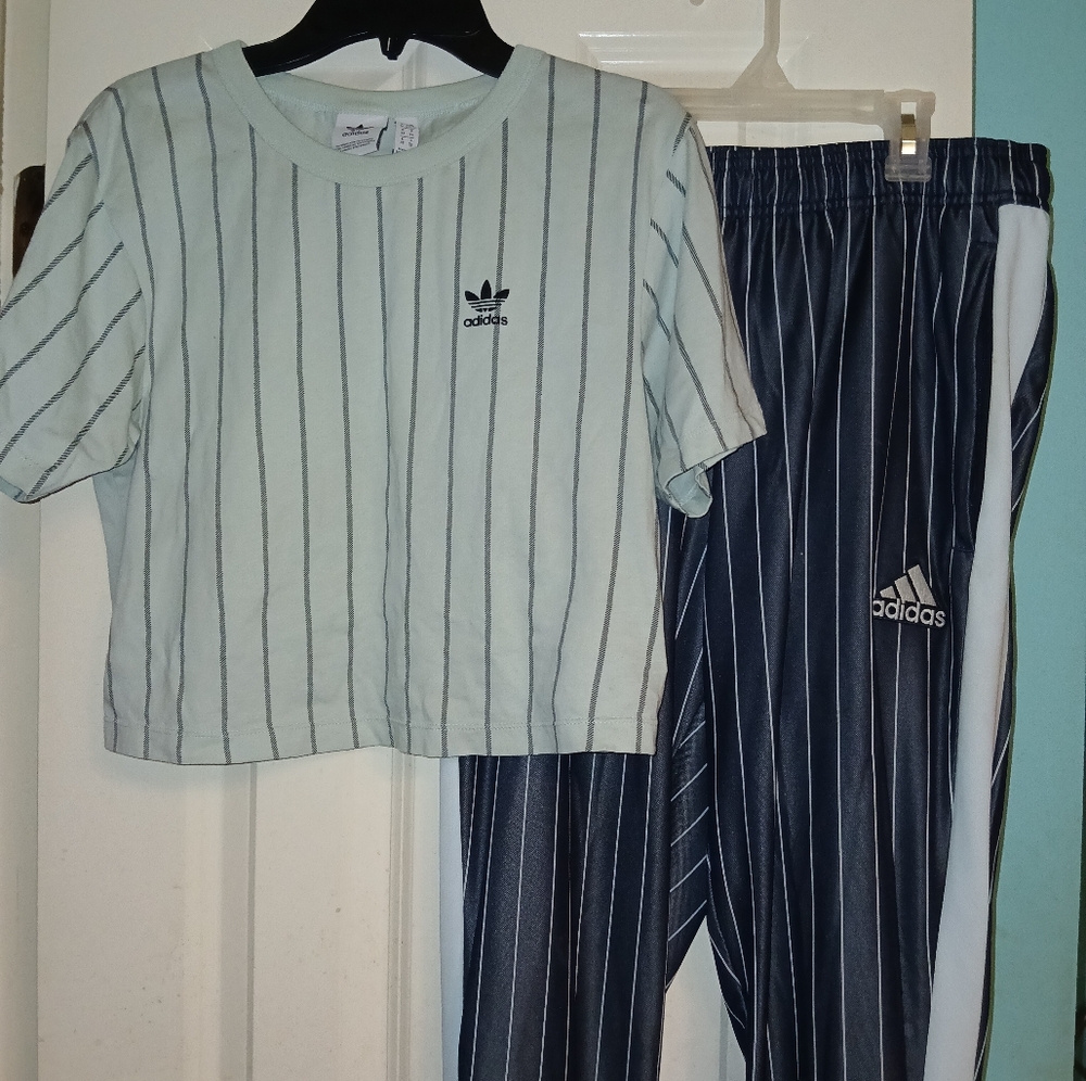 Adidas Mint Pin Striped Crop Top & Pants Set